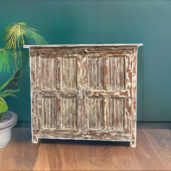 Vintage India Haveli Sideboard, Limewash Farmhouse TV Cabinet 52x49
